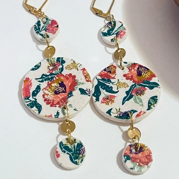 Handmade Floral Multi-Disk Dangle Earrings - White with Coral & Teal - Picture 2 of 4